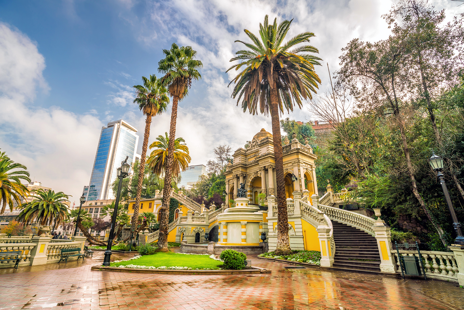 Vintage view of Cerro Santa Lucía, a historic hill and park in downtown Santiago, Chile, featuring old stone structures and lush greenery.