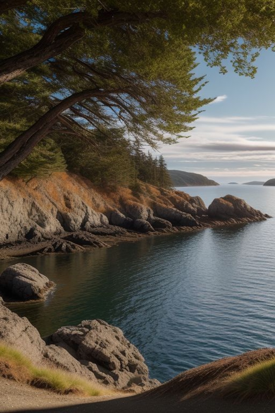 A rocky coastal shoreline with evergreen trees leaning over calm water, and small forested islands in the distance under a partly cloudy sky.