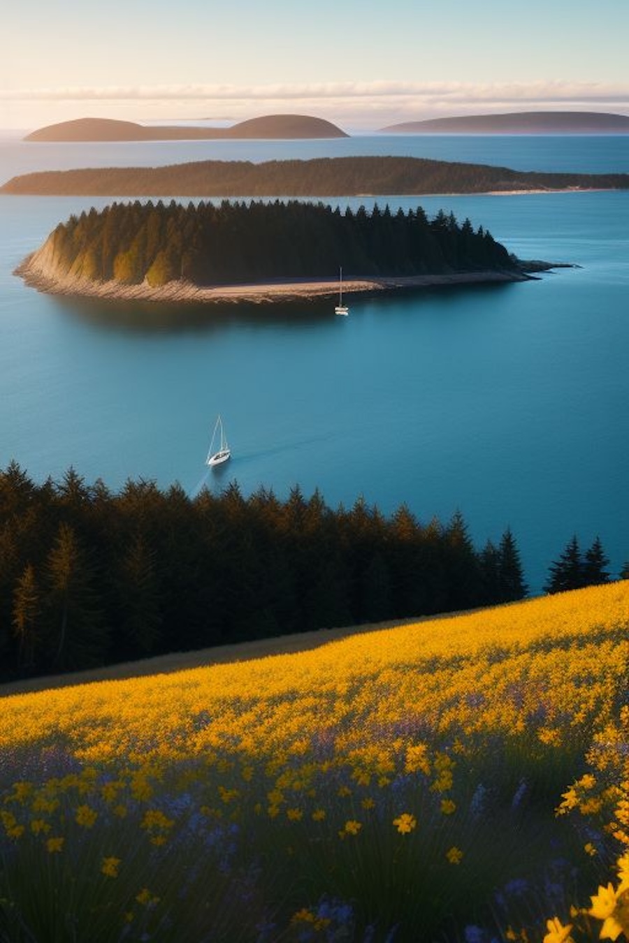 A small forested island surrounded by blue water, with sailboats nearby and a hillside of yellow wildflowers in the foreground.