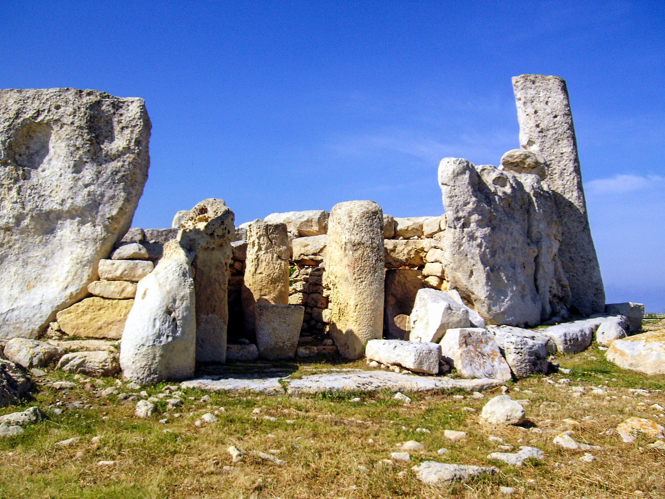 Megalithic stone structures at Ħaġar Qim temples in southern Malta.