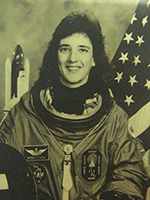 black and white photograph of COL (Ret.) Nancy J. Currie, ’81, astronaut