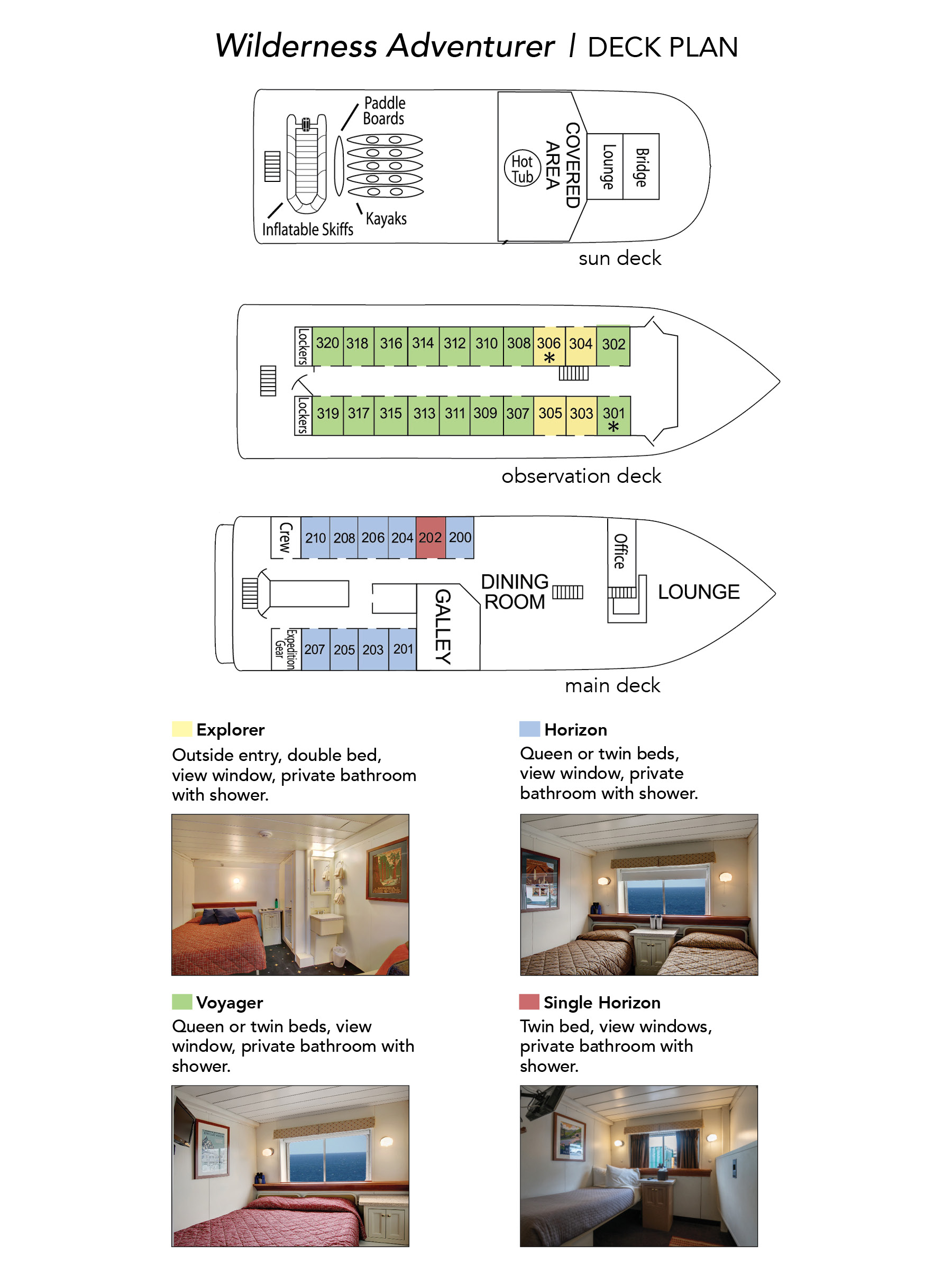 Deck plan for the Wilderness Adventurer which shows the layout of the ship and include cabin descriptions