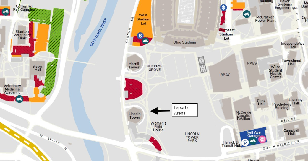 Illustration of the campus map with parking lots and buildings.