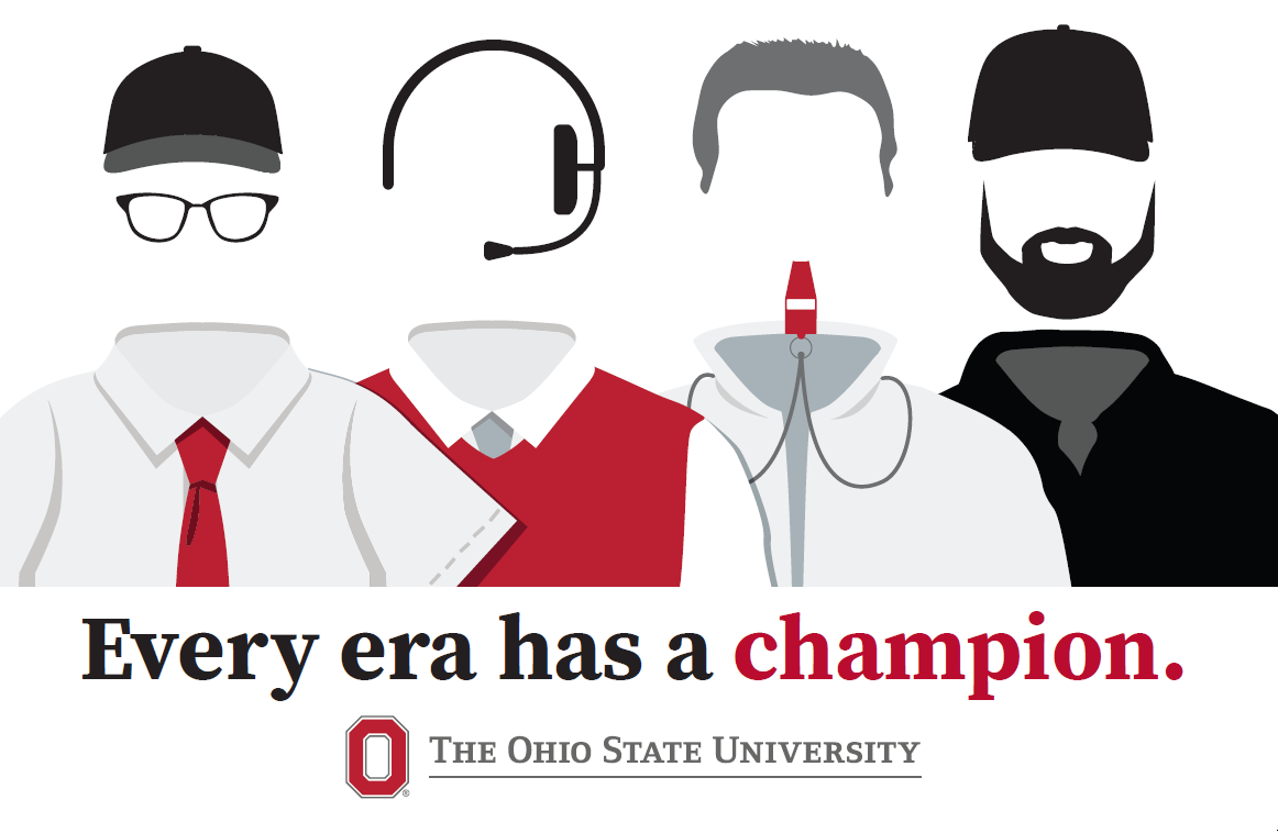 Illustration of five stylized figures with different outfits and accessories, including caps, ties, headset, and whistle with every era has a champion below and the Ohio State logo.
