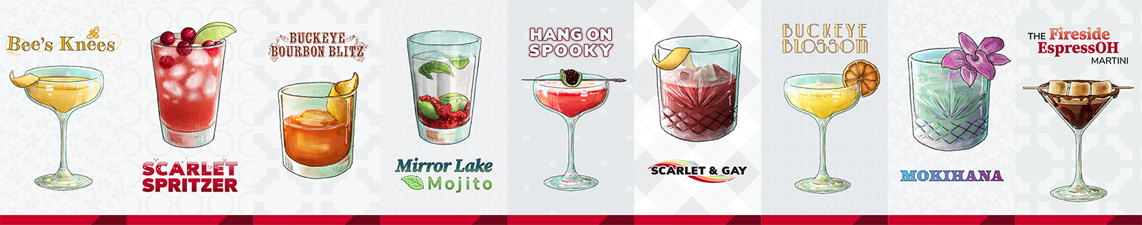 Illustrated lineup of colorful cocktails, each labeled with a name, including Bee’s Knees, Scarlet Spritzer, Buckeye Bourbon Blitz, Mirror Lake Mojito, Hang On Spooky, Scarlet & Gay, Buckeye Blossom, Mokihana, and the Fireside Espresso Martini.