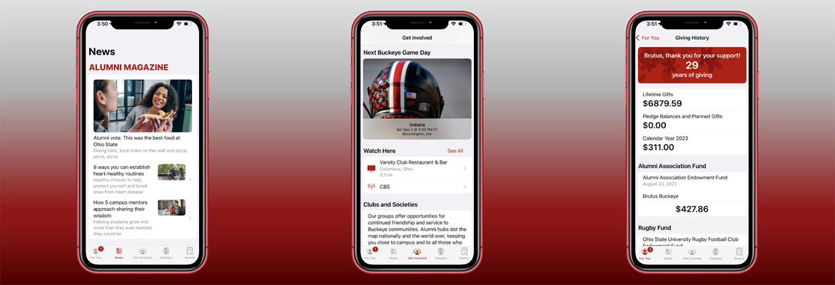 Three smartphone screens showing an alumni mobile app with news, events, and giving history sections on a red and gray background.