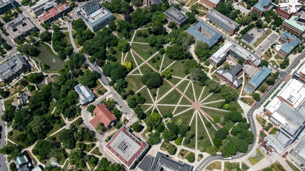 Campus aerial as seen during flight on the Goodyear Blimp. The Oval