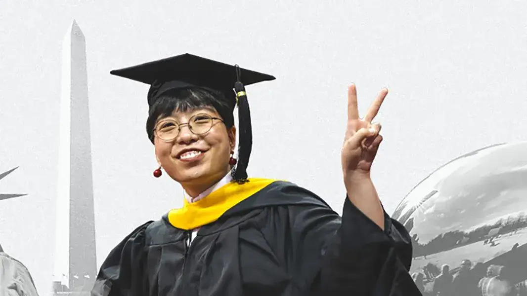 Student in a graduation gown making the peace sign while surrounded by famous US landmarks