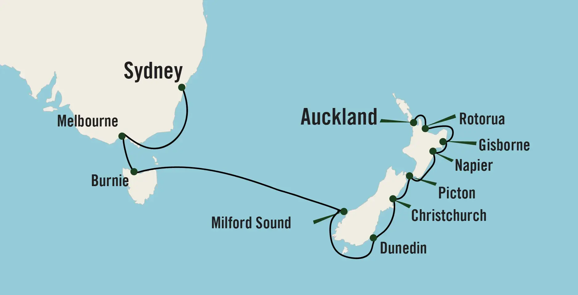 Map of Kiwi & Kangaroo Coasts route