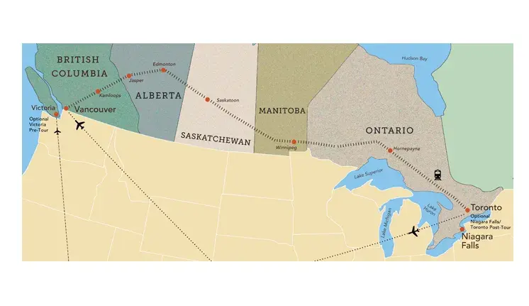 Map of Vancouver to Toronto train route