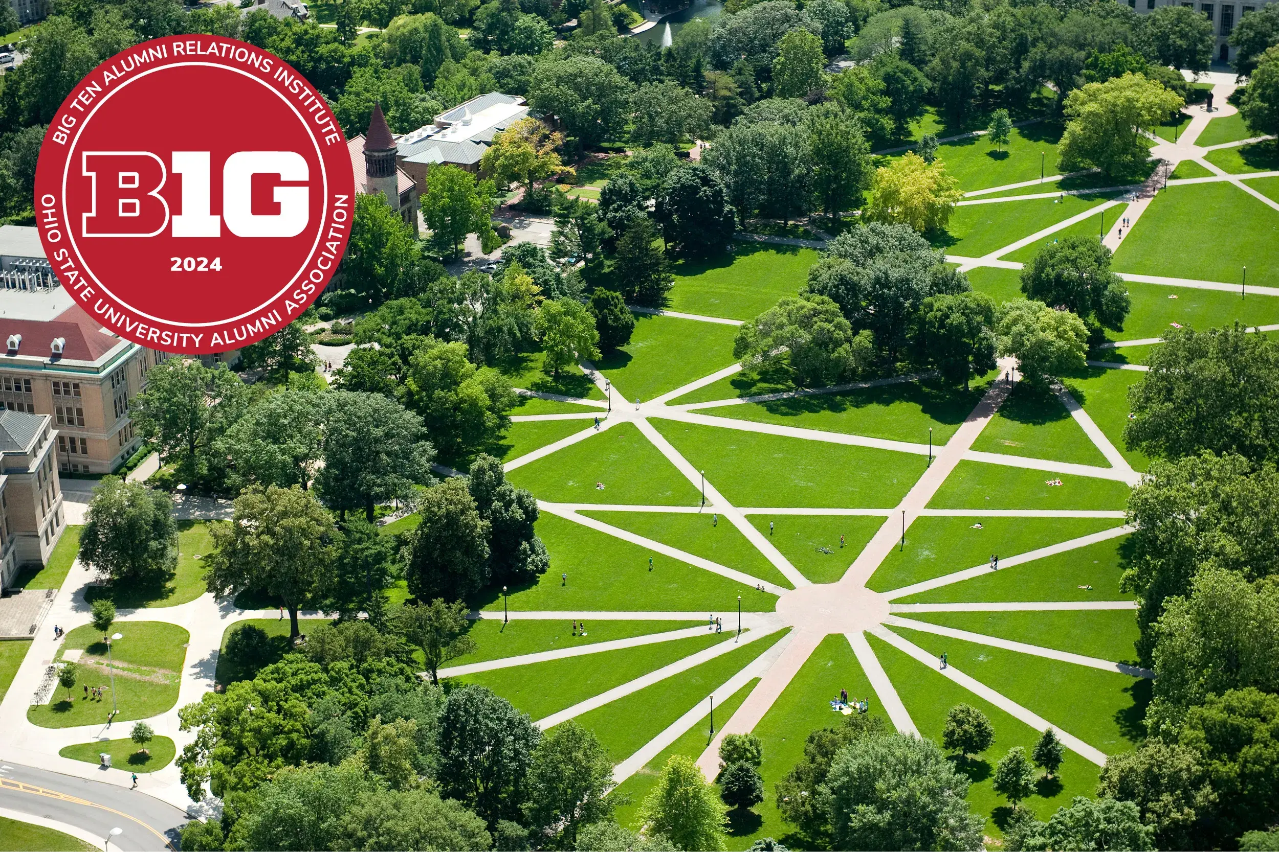 An aerial view of the Oval with the B1G Conference Logo in the upper left hand corner