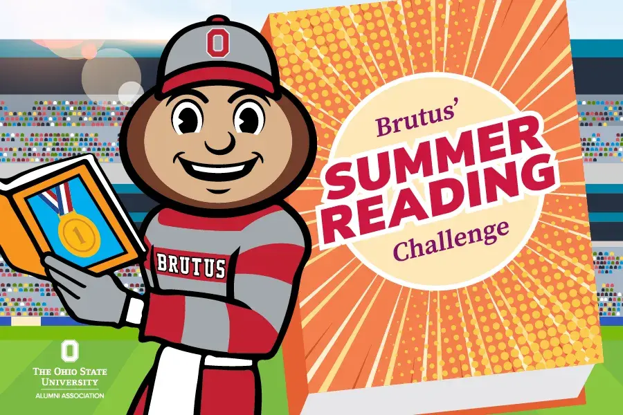 Illustration of a Brutus reading a book in the stadium with text reading Brutus' Summer Reading Challenge