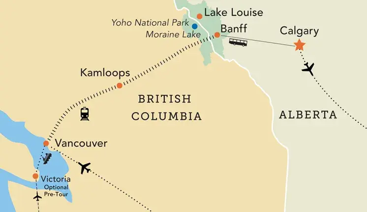 Map of the Rockies by Rail tour