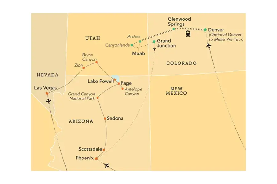 Map of the Southwest National Parks tour