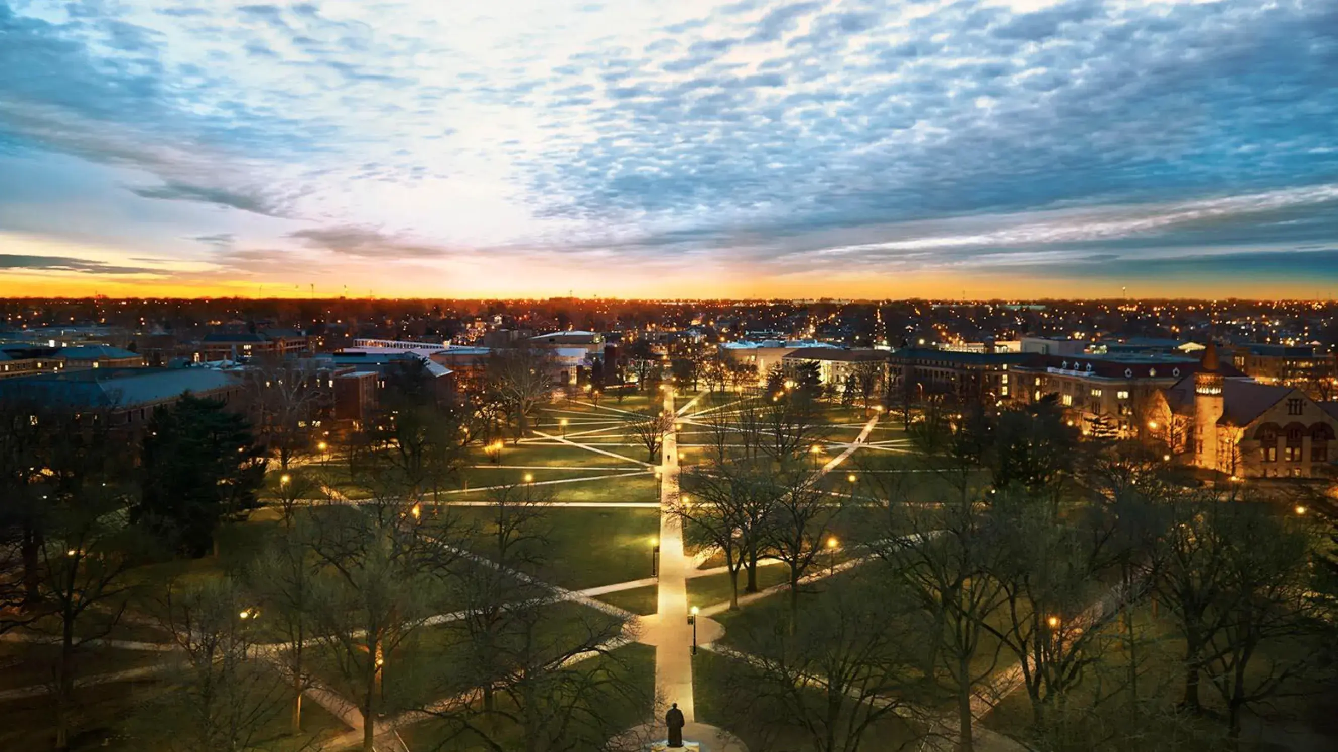 aerial shot of the oval on osu's campus at dusk