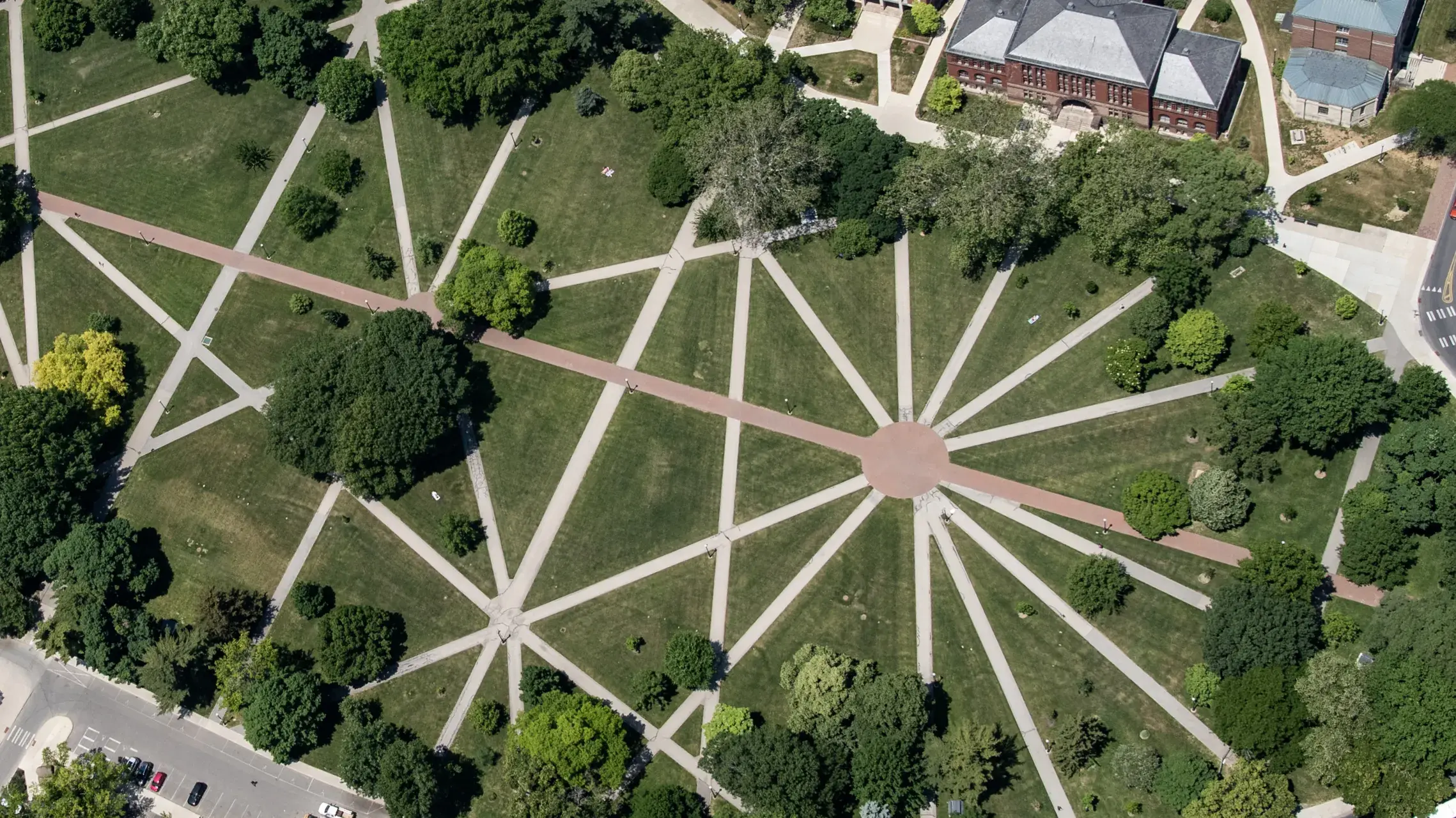 aerial view of the oval–pathways across the lawn