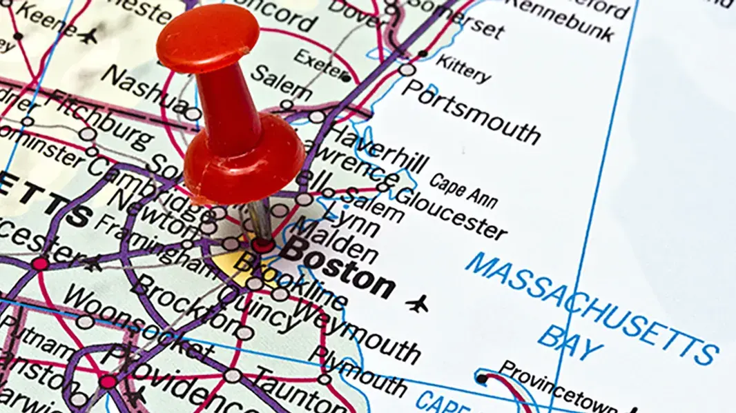 map with a red pin in it marking Boston, Massachusetts
