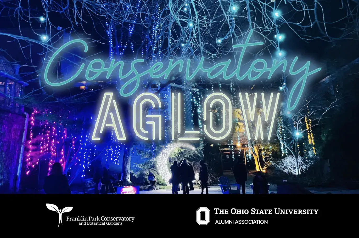 Franklin Park Conservatory and Botanical Gards lit up at night with colorful lightsAglow with text reading Conservatory Aglow