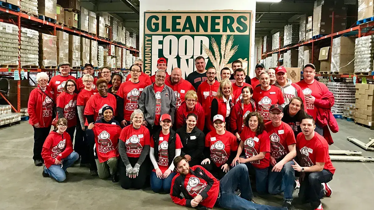 dozens of volunteers wearing Buckeye Volunteer T-shirts