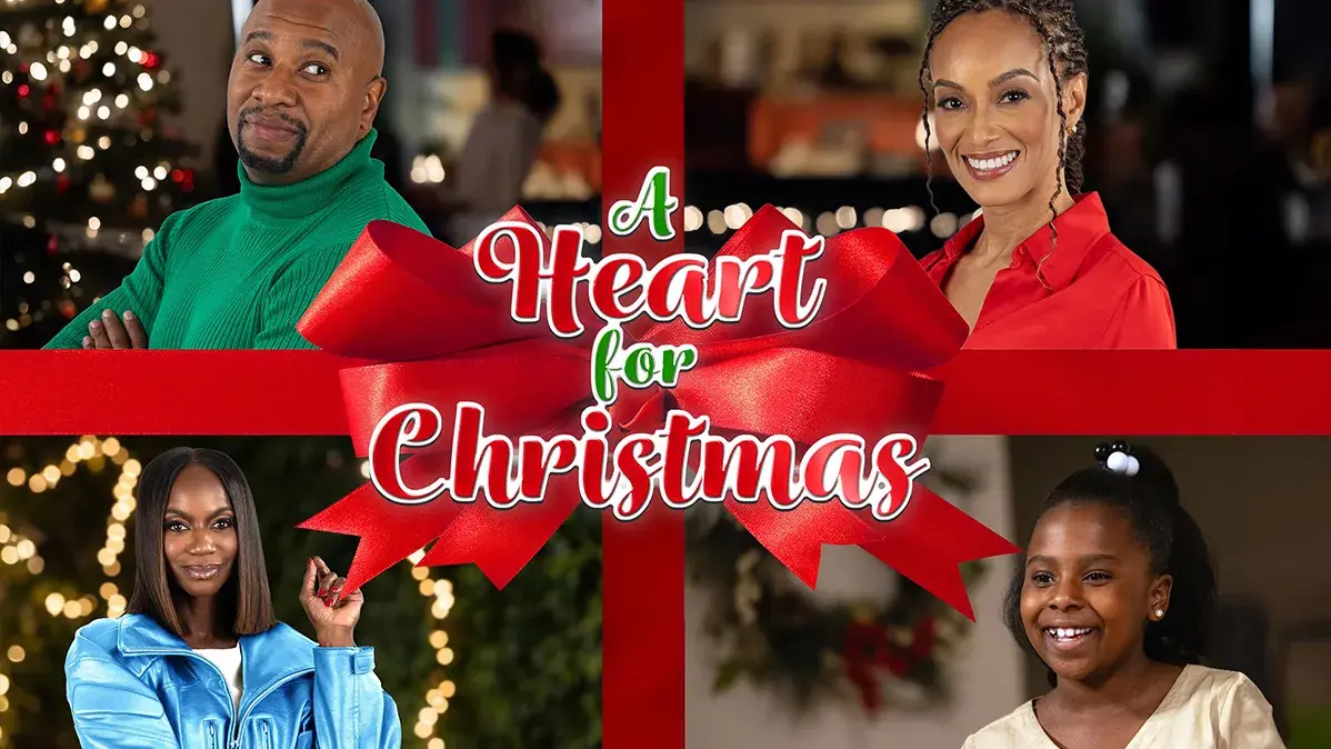 four people wearing winter holiday attire with the words a heart for christmas