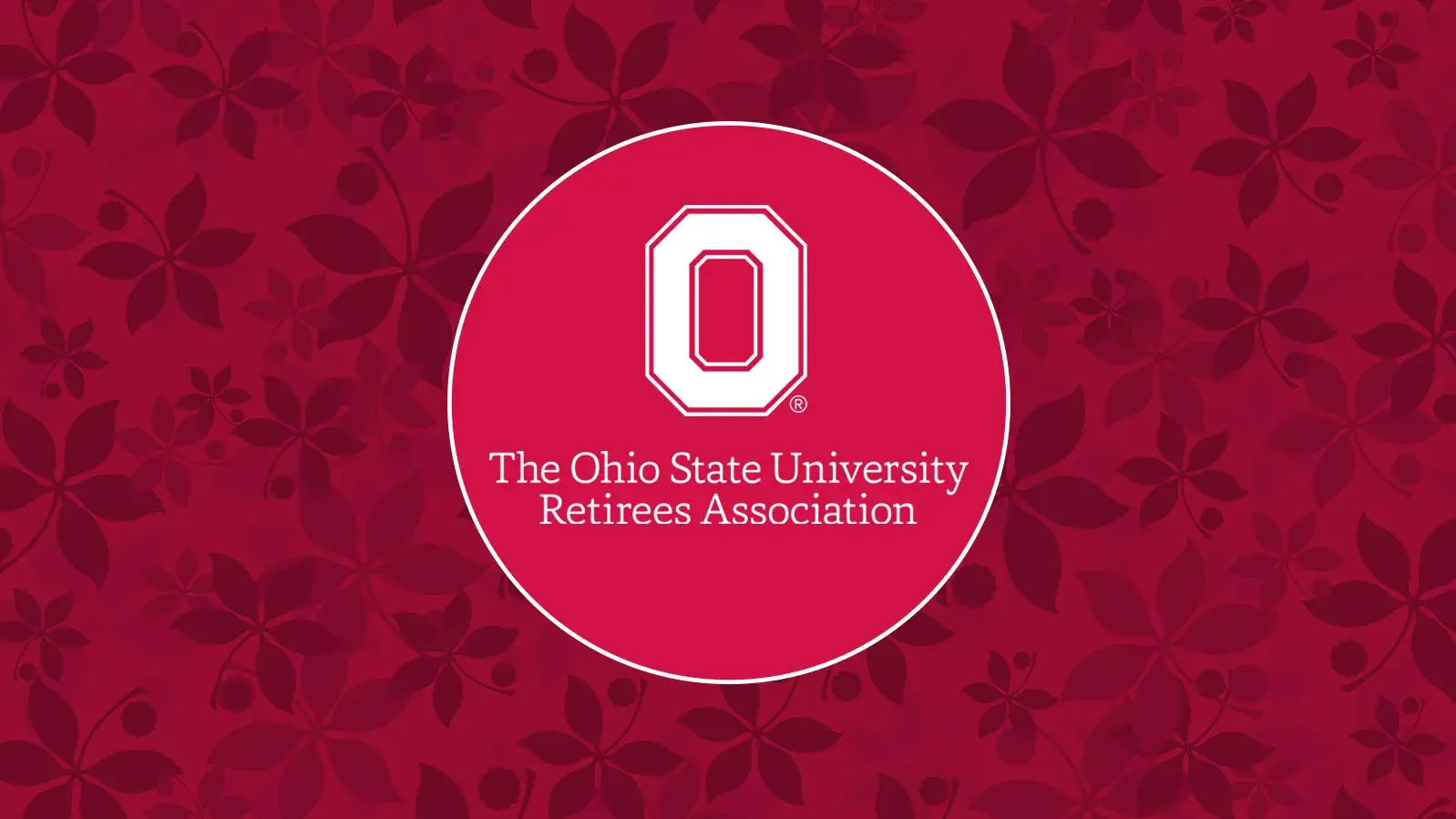 the words ohio state university retirees association on a scarlet background with scattered buckeye leaves