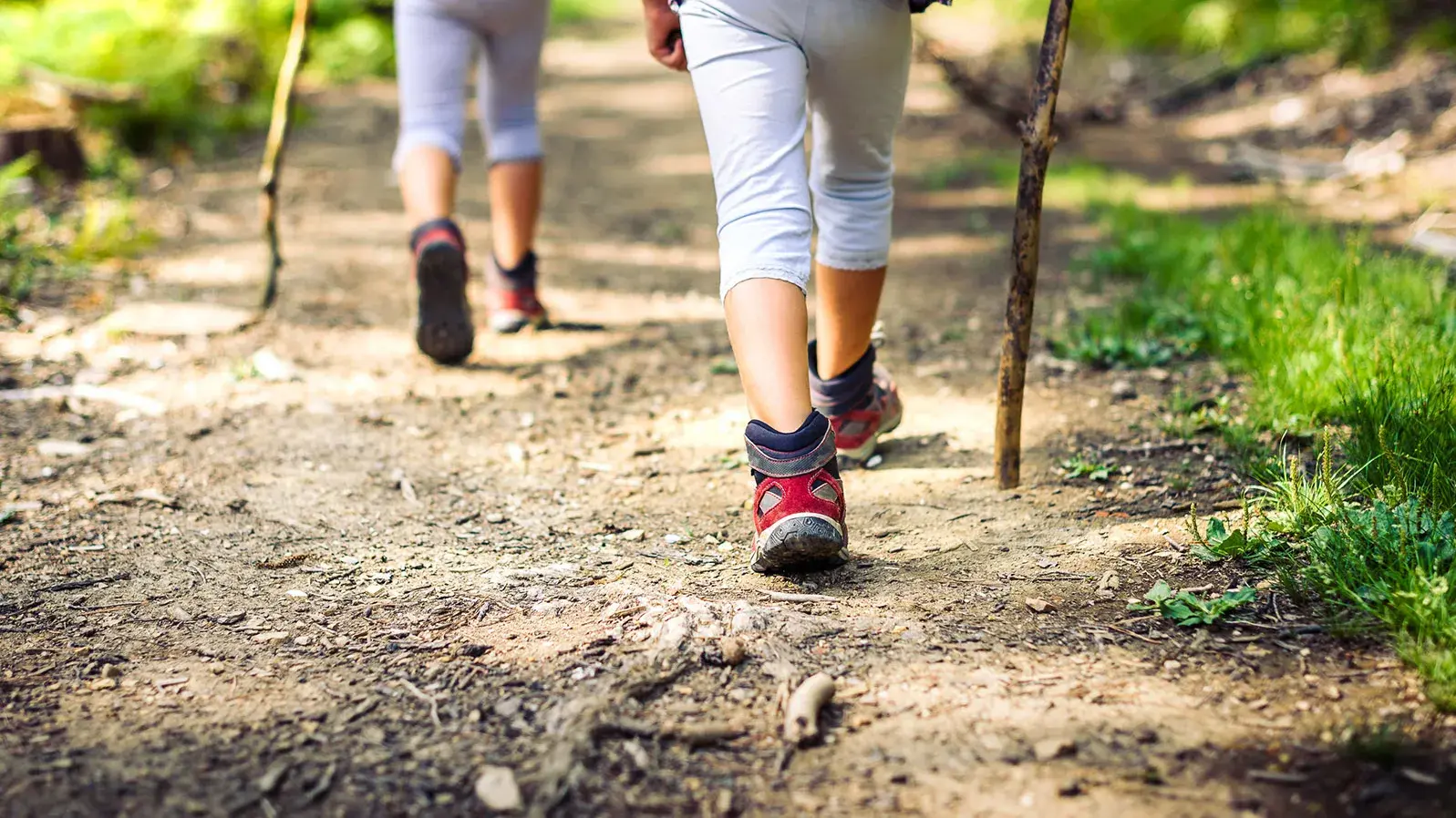 two people hiking on a trail