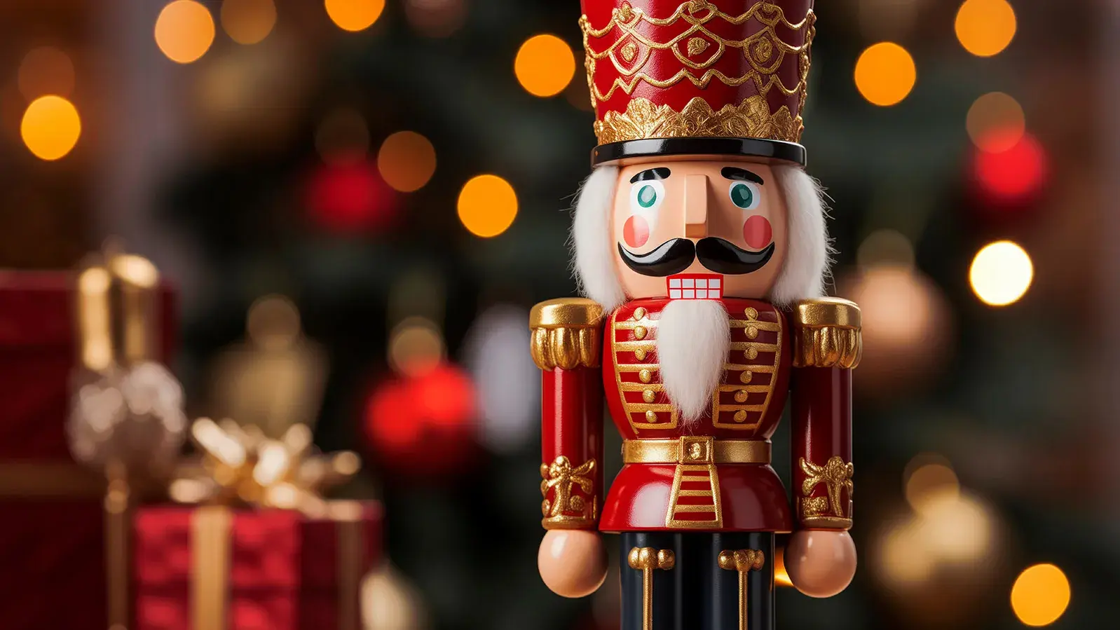 a nutcracker with christmas decorations