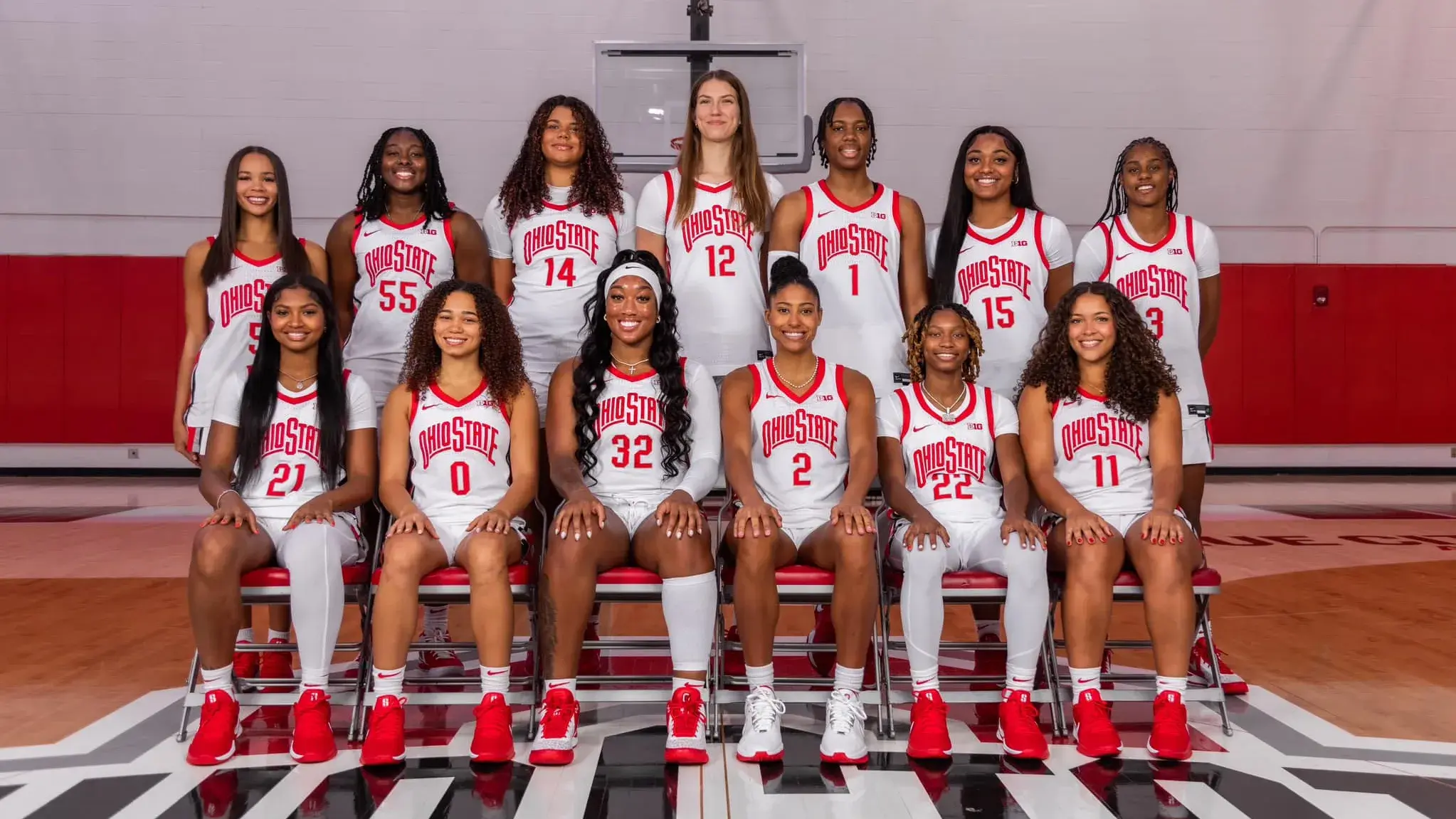 group photo of ohio state women's basketball team all wearing white jerseys