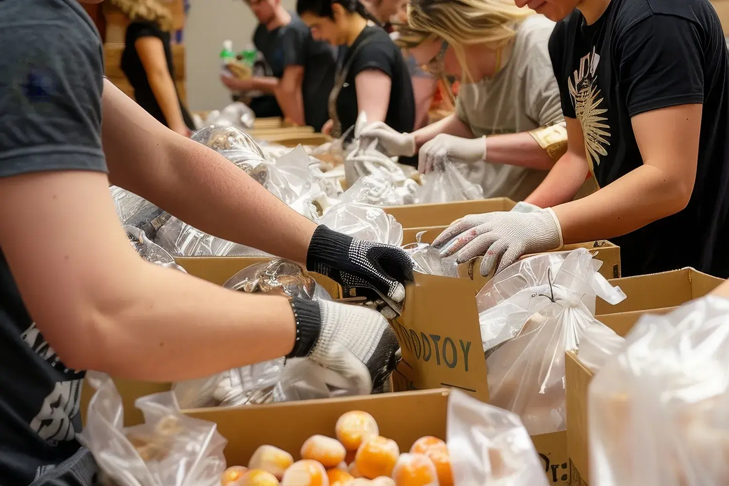 A group of people standing around, organizing and packing boxes of food for distribution, A group of volunteers packing bags of food for distribution