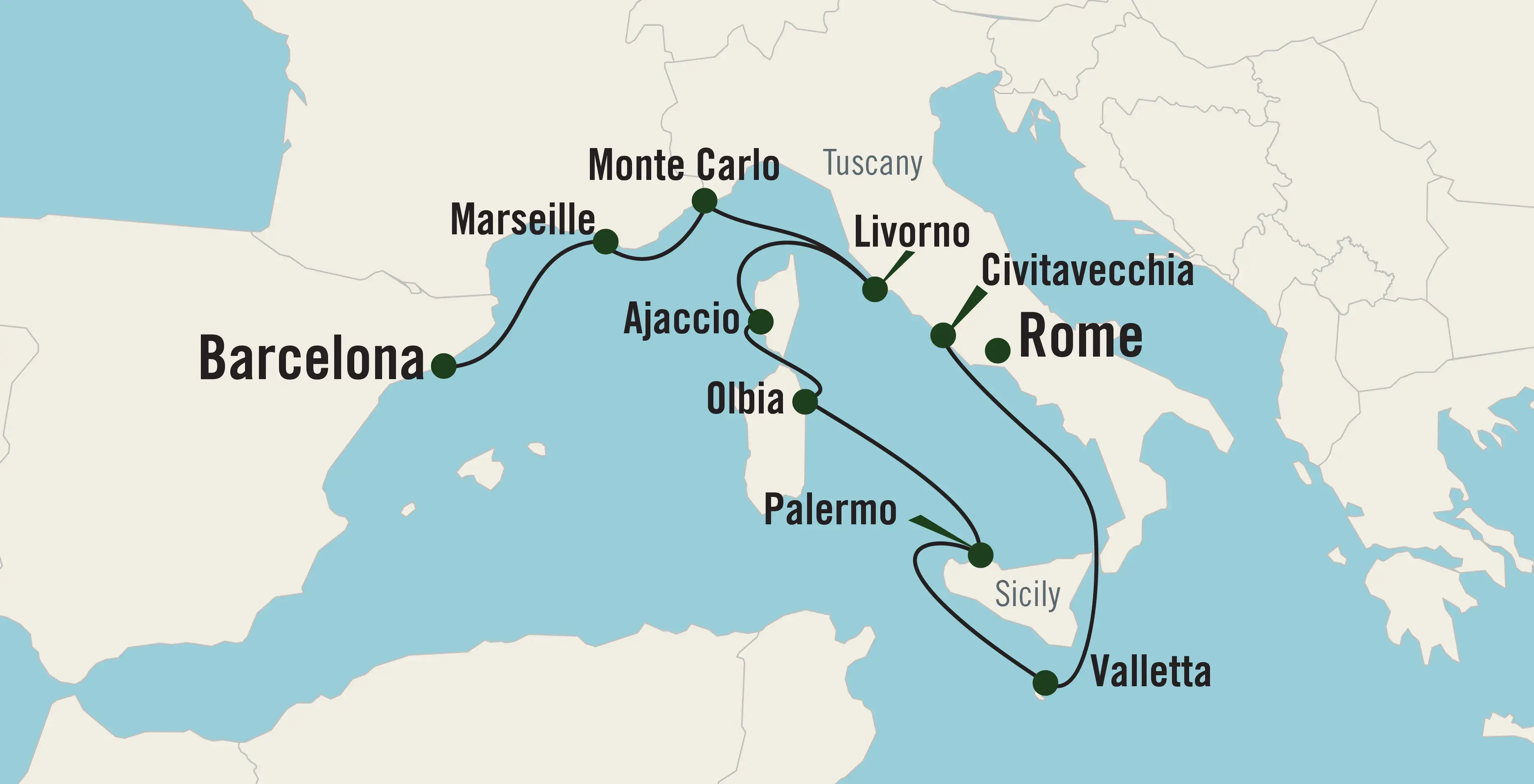 The map of the Ramblas and Rivieras tour