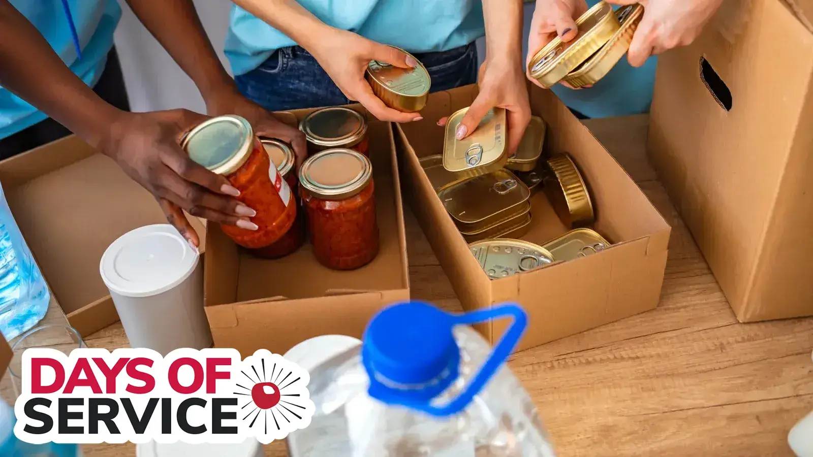 people packing food in boxes during volunteering