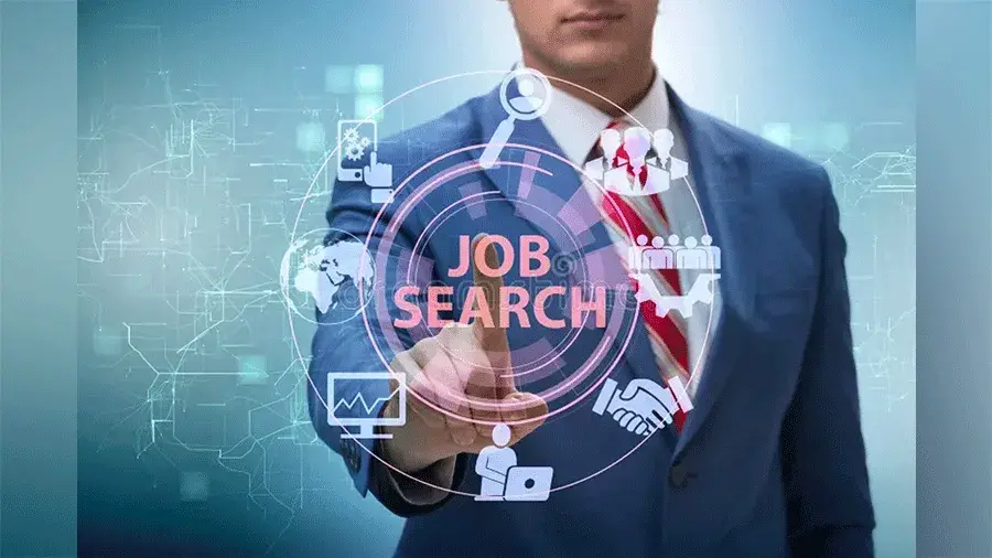 A man in a suit and tie touching an AI generated illustration with text reading Job Search