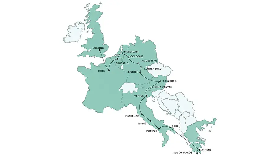 A map of the Essential Europe tour route
