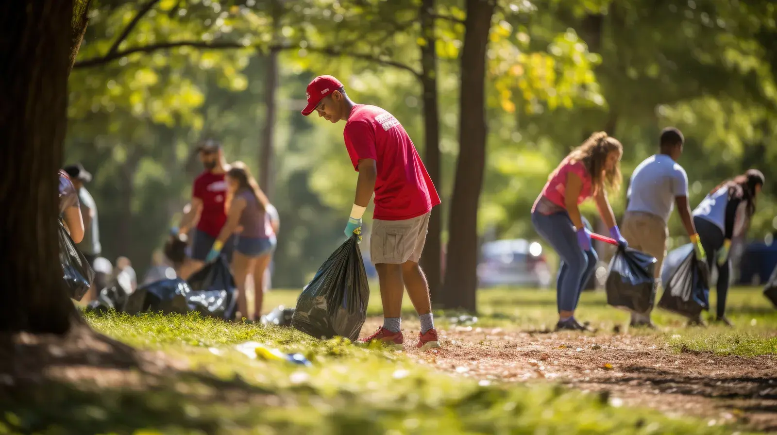 Volunteers collecting trash in bags at park