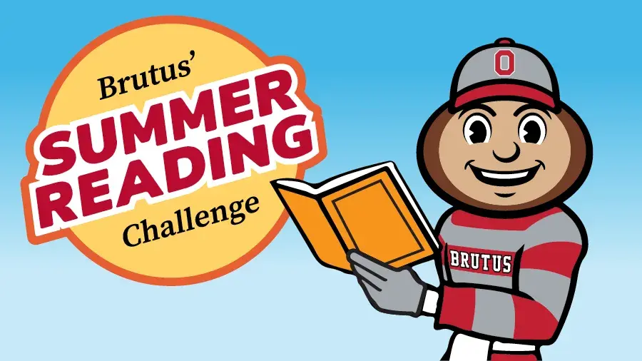 Illustration of Brutus reading a book with text reading Brutus&#039; Summer Reading Challenge