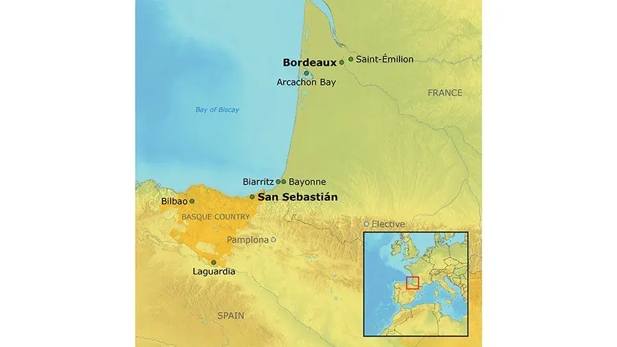Map of Bordeaux and Basque Country tour route