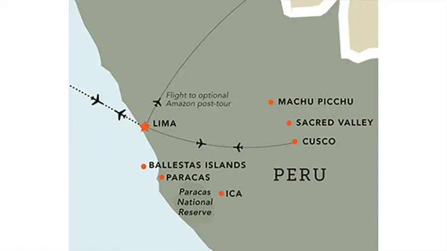 Map of the Mysteries of Peru and Machu Picchu tour route