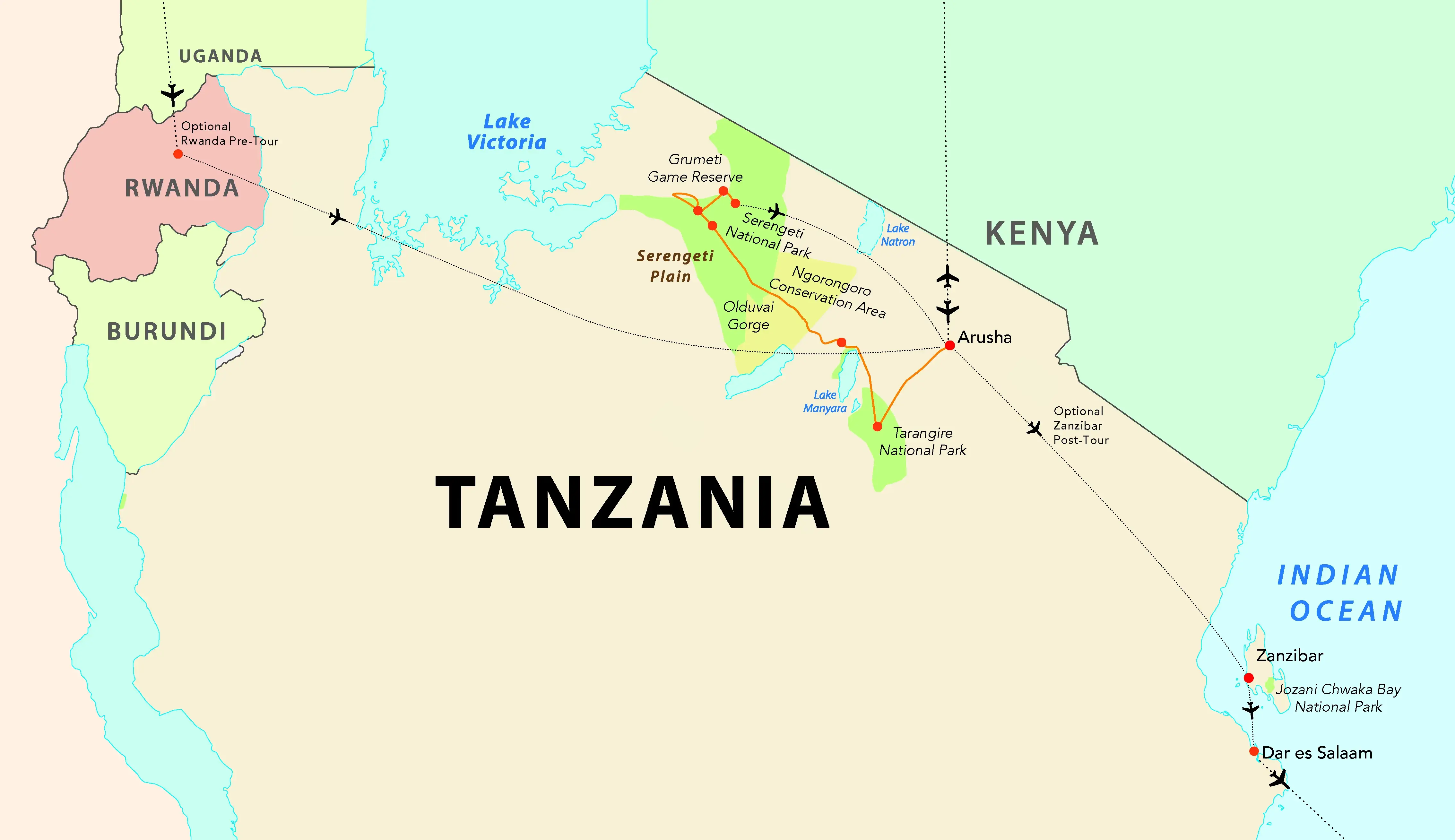 Map of the Tanzania Wildlife Safari tour route