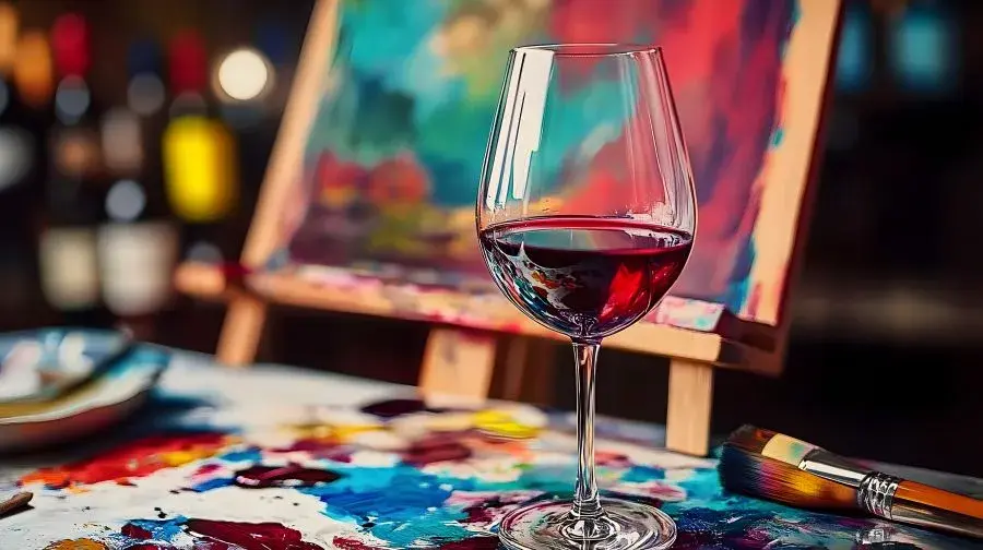 Glass of red wine by an easel and painting