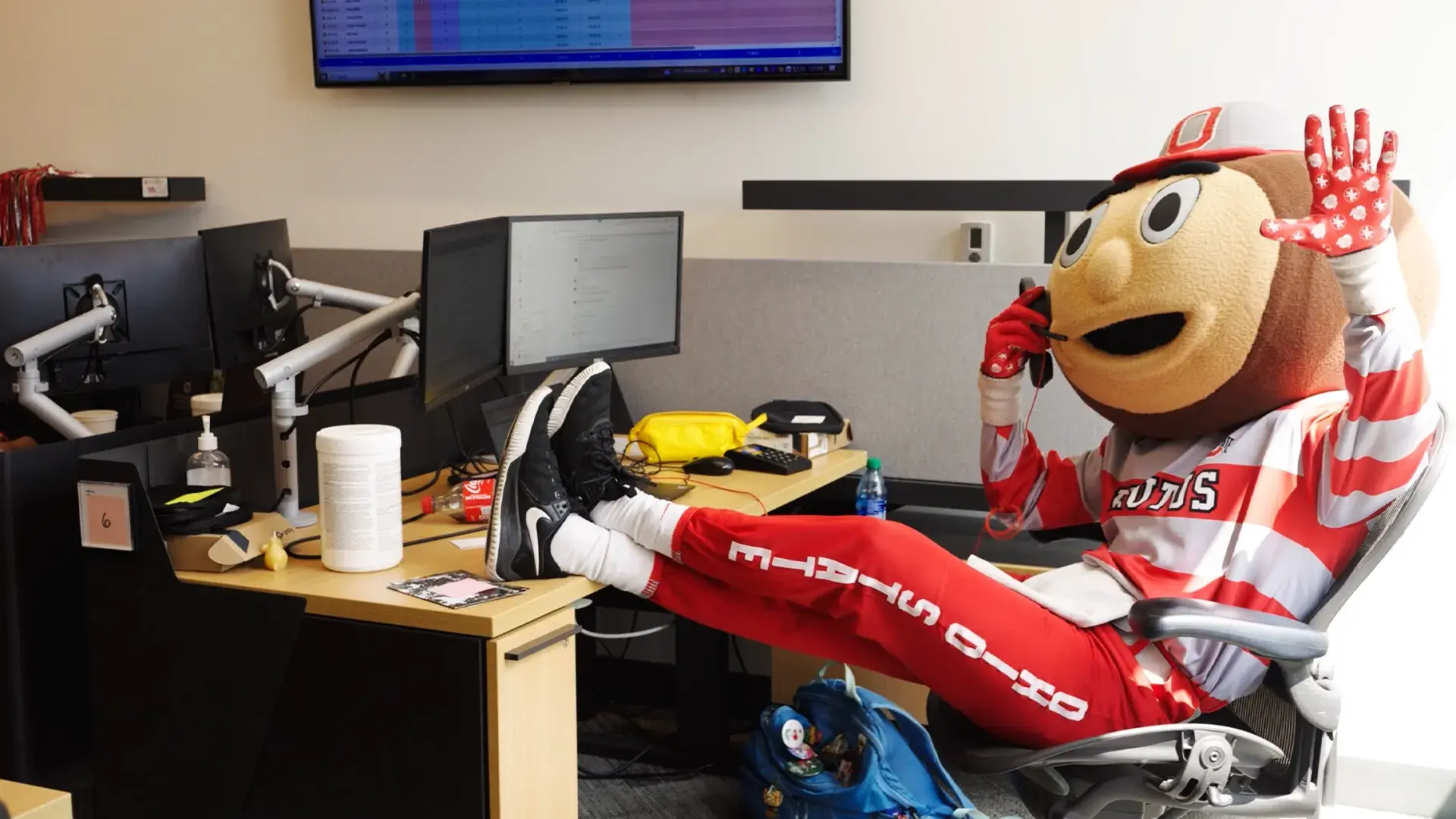 Brutus Buckeye on the phone at a desk calling people.