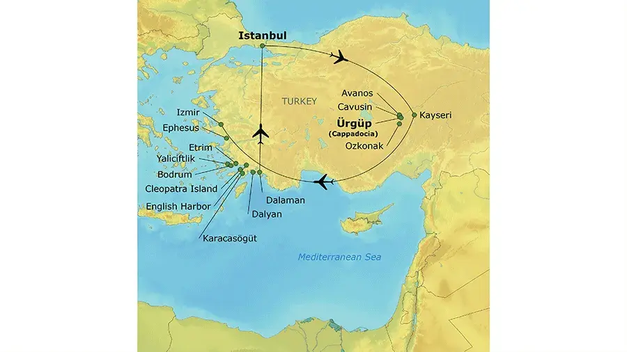Map of the Istanbul and the Turquoise Coast tour route