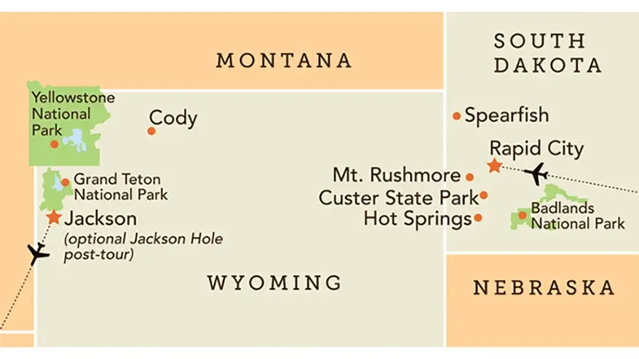 Map of the National Parks and Lodges of the Old West tour route