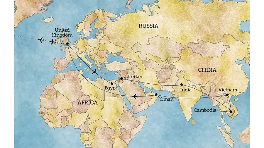 Map of the Around the World by Private Jet tour route