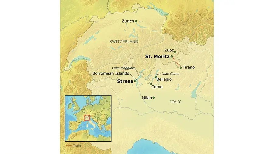Map of the Swiss Alps and Italian Lakes tour route