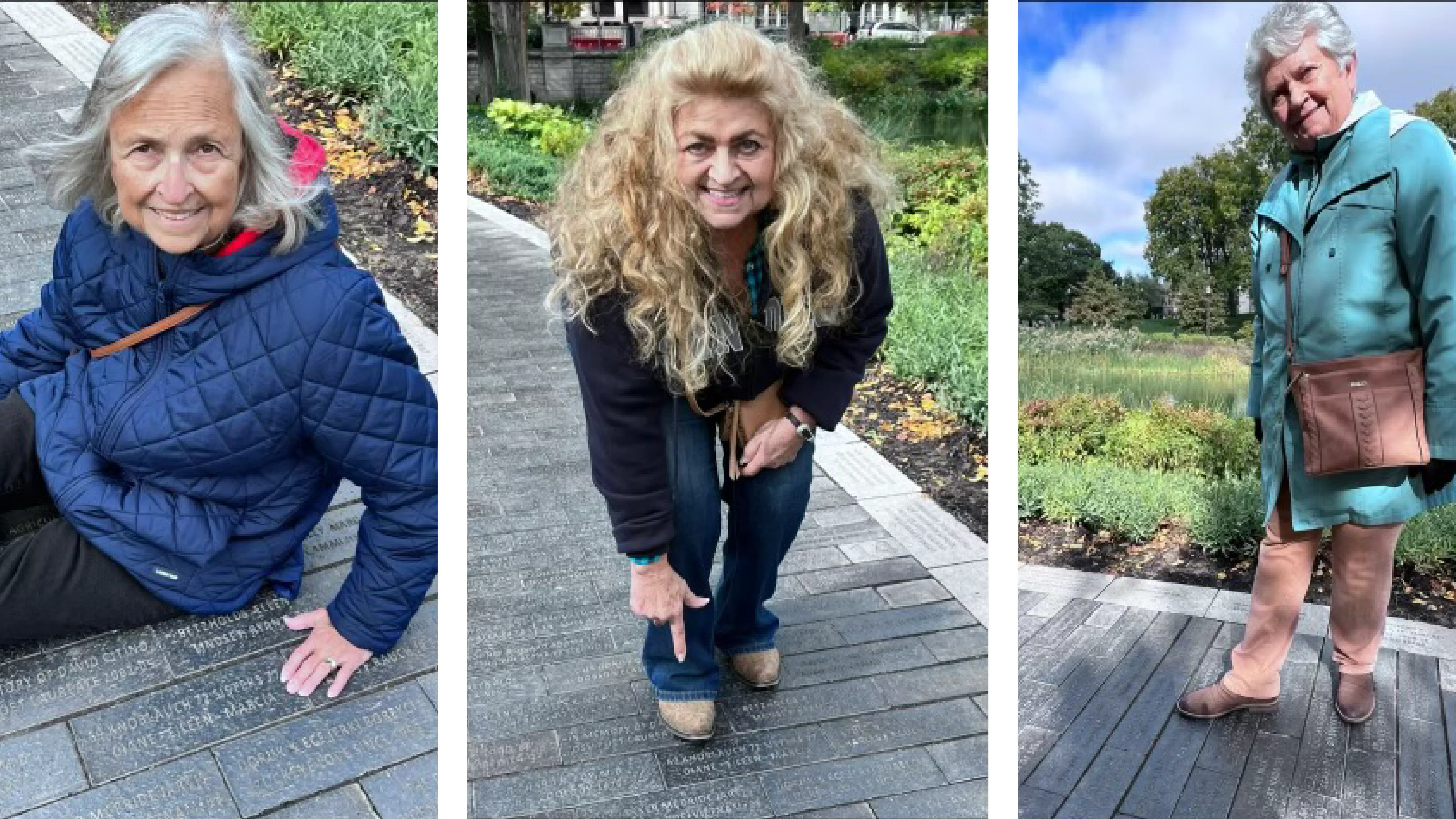 Diane Shaffer, Eileen Baxter and Marcia Galante standing next to their brick on Mirror Lake.