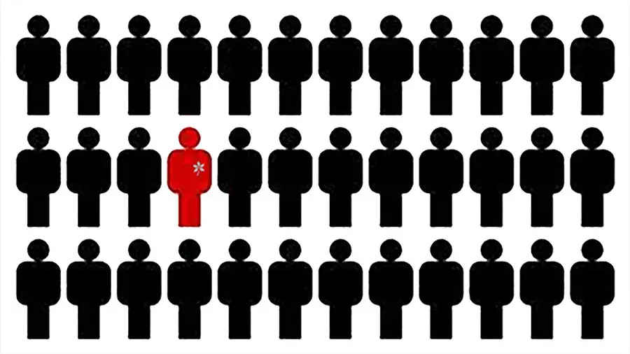 Illustration of rows of people with one person standing out in scarlet with a Buckeye leaf in place of their heart