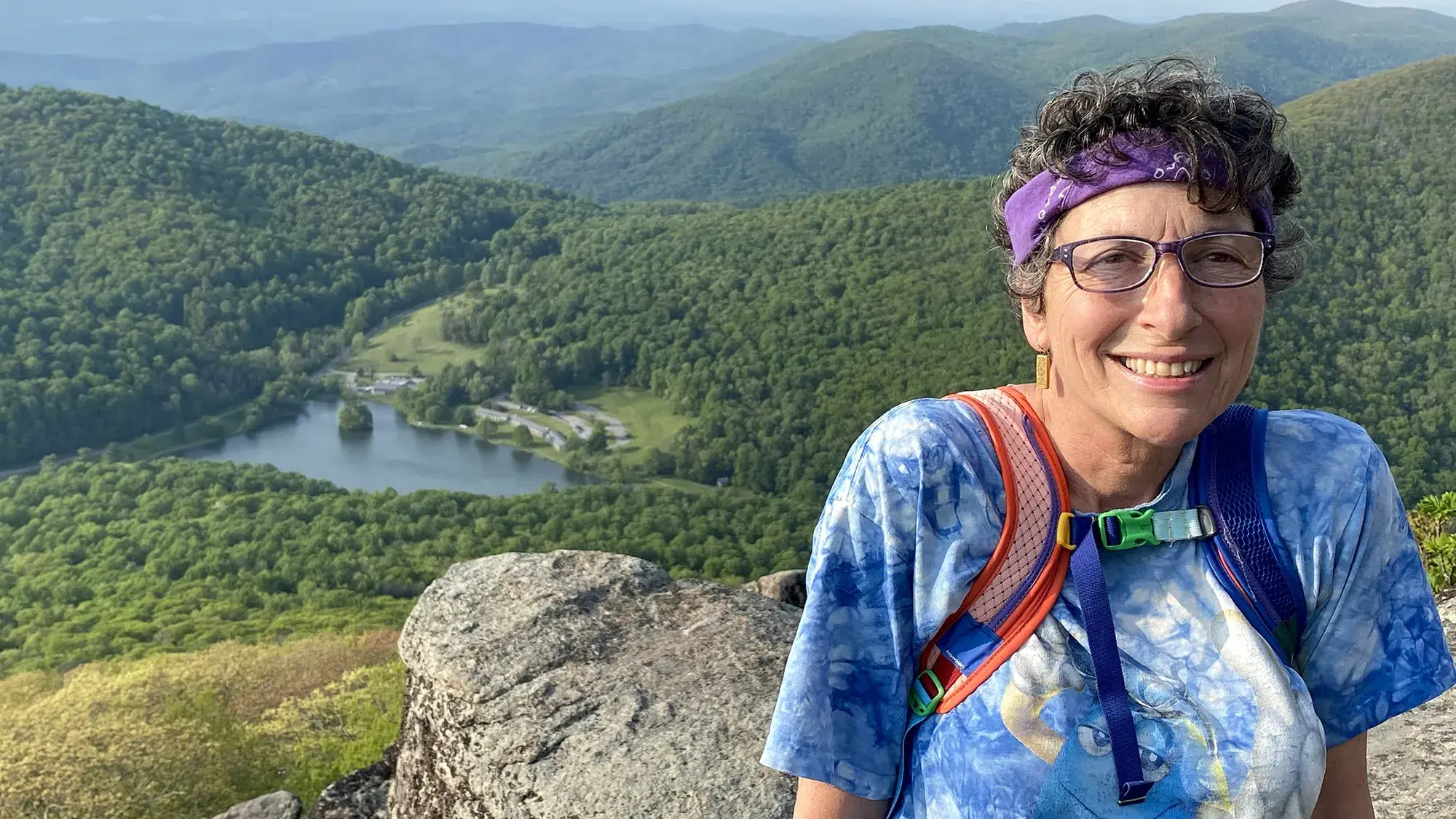 woman wearing a tie-dye t-shirt