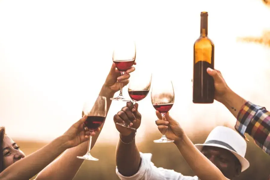 Group raising glasses of red wine