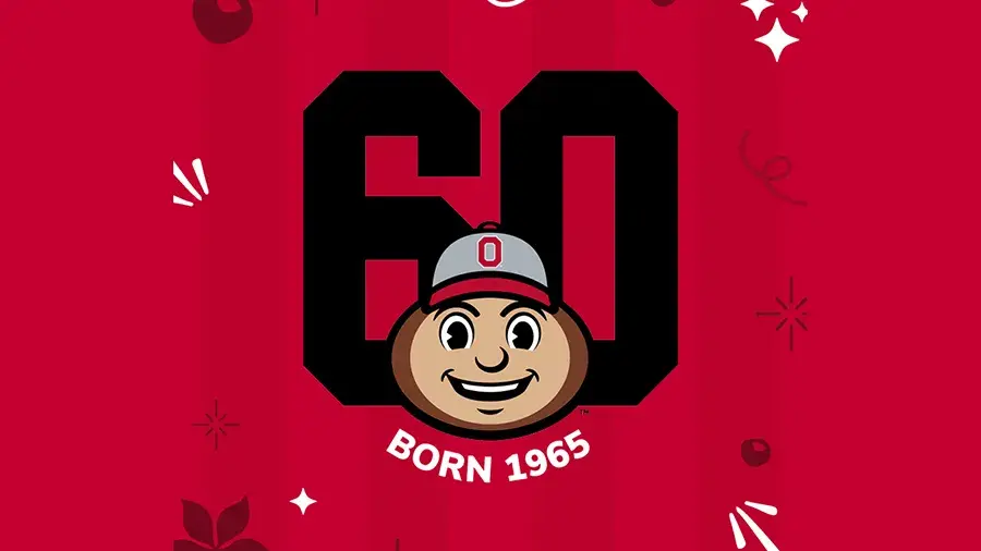 Graphic of Brutus Buckeye with sixty in the background and born 1965 below