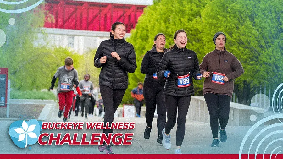 A group of people running with text that reads Buckeye Wellness Challenge